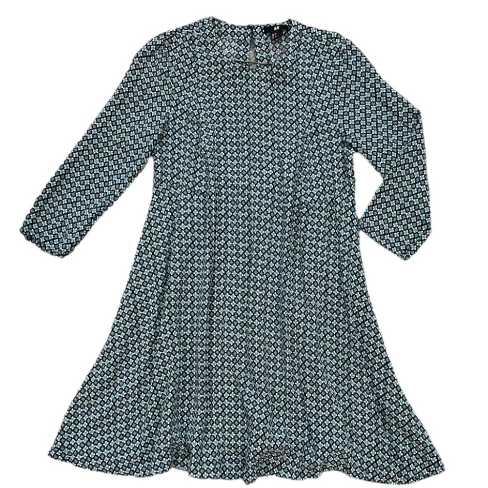 H&M Dress 3/4" SLEEVE A-LINE PRINTED DRESS TEAL, WHITE & BLACK NEW SZ 4
